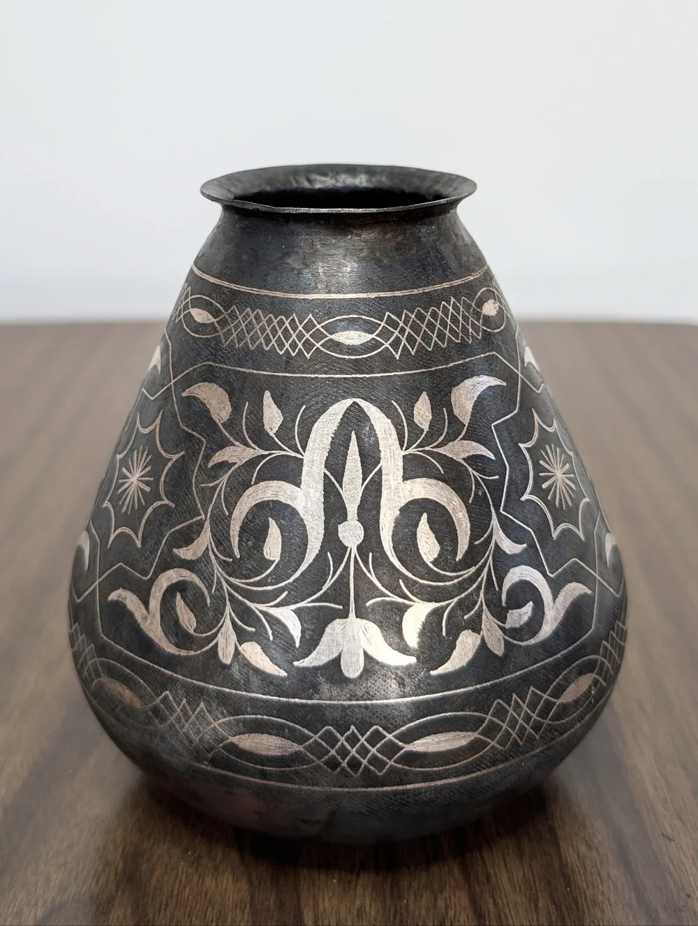 Antique Islamic Indo-Persian Bidriware Gray With Silver Koftgari Florals Vase